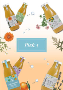 Στη μέση της εικόνας γράφει "pick 6" σε μπλε πλαίσιο ενώ τριγύρω υπάρχουν διάσπαρτα μπουκαλάκια με κρύο τσάι, βότανα και παγάκια. Το φόντο είναι λευκό και πορτοκαλί, ντεγκραντέ.